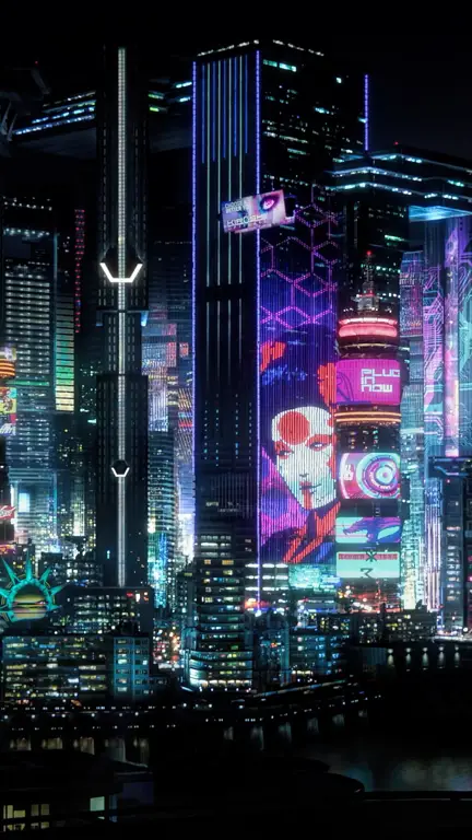 Gambar kota anime cyberpunk di malam hari