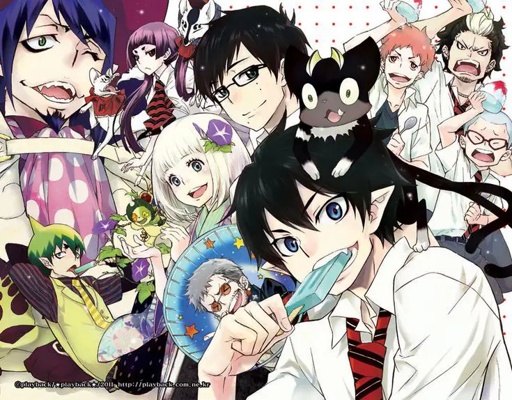 Visual utama anime Blue Exorcist yang menampilkan Rin dan karakter lainnya.