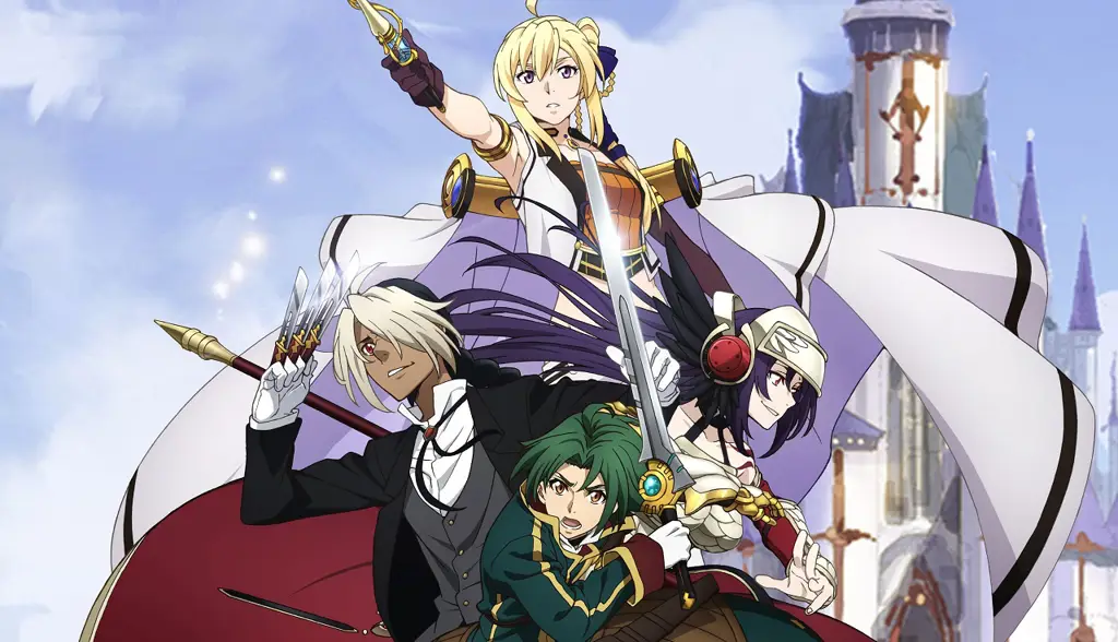 Visual utama anime Grancrest Senki yang menampilkan karakter utama dan dunia fantasi yang megah.