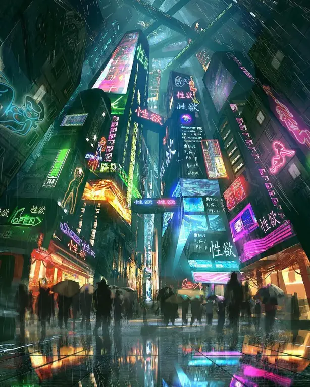 Kota anime cyberpunk di malam hari