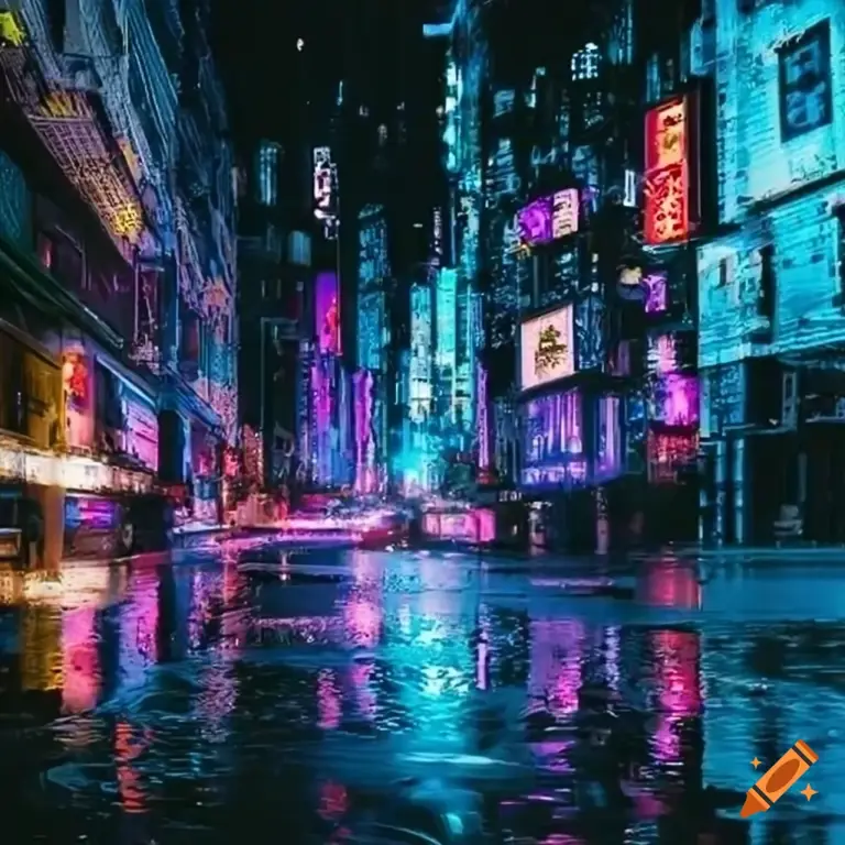 Ilustrasi pemandangan kota futuristik dengan sentuhan cyberpunk