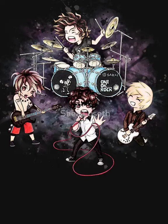 Ilustrasi konser One Ok Rock dengan gaya anime