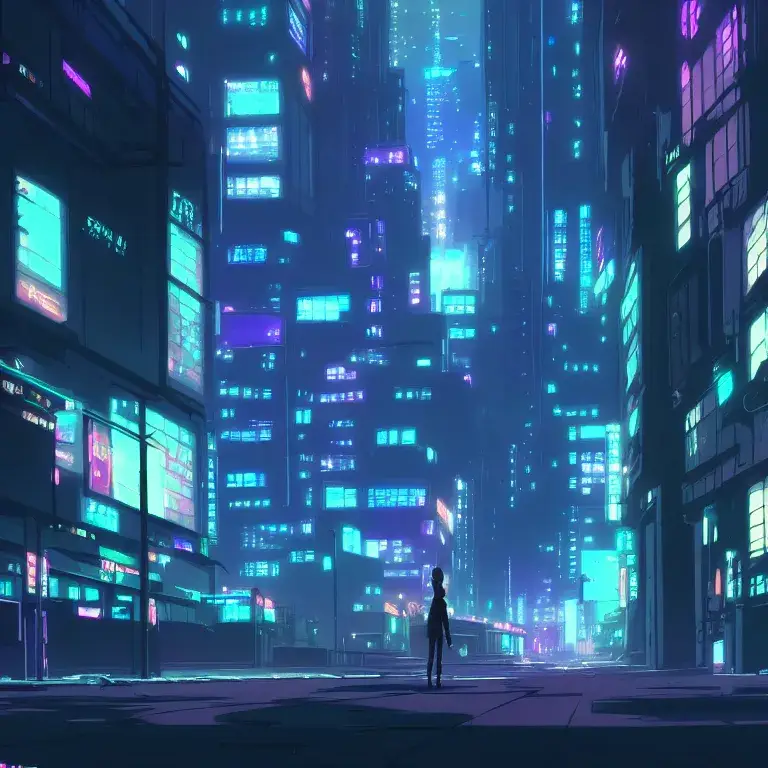 Ilustrasi kota futuristik dengan gaya cyberpunk yang gelap dan penuh teknologi.