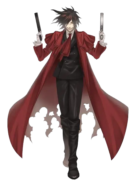Wajah Alucard yang penuh misteri Ekspresi wajah Alucard yang misterius dan kompleks