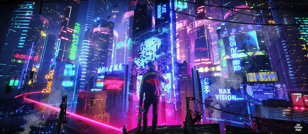 Gambar wallpaper anime kota cyberpunk dengan resolusi 4k