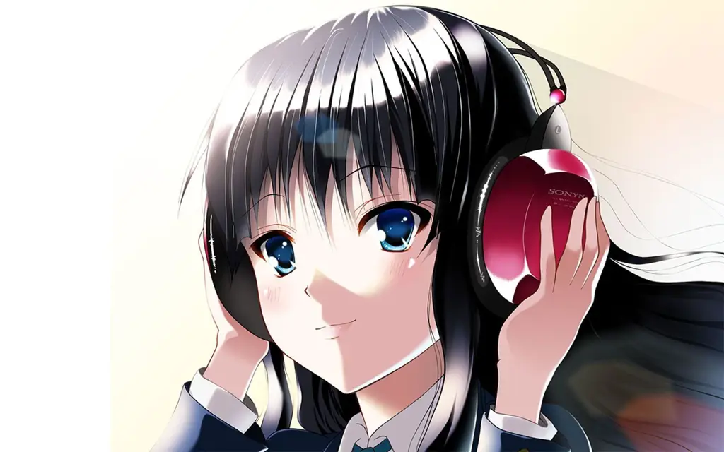 Gambar seorang gadis anime yang sedang menggunakan headphone