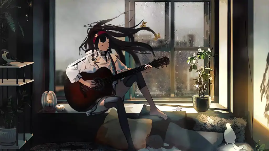 Ilustrasi seorang gadis anime sedang memainkan gitar