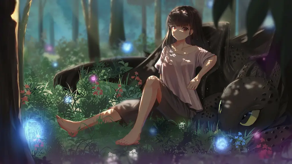 Gadis anime di hutan hijau yang rimbun