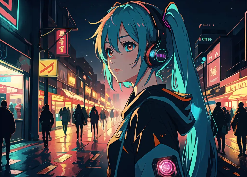 Hatsune Miku dalam setting cyberpunk