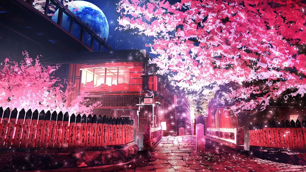 Gambar pemandangan anime dengan pohon sakura yang mekar