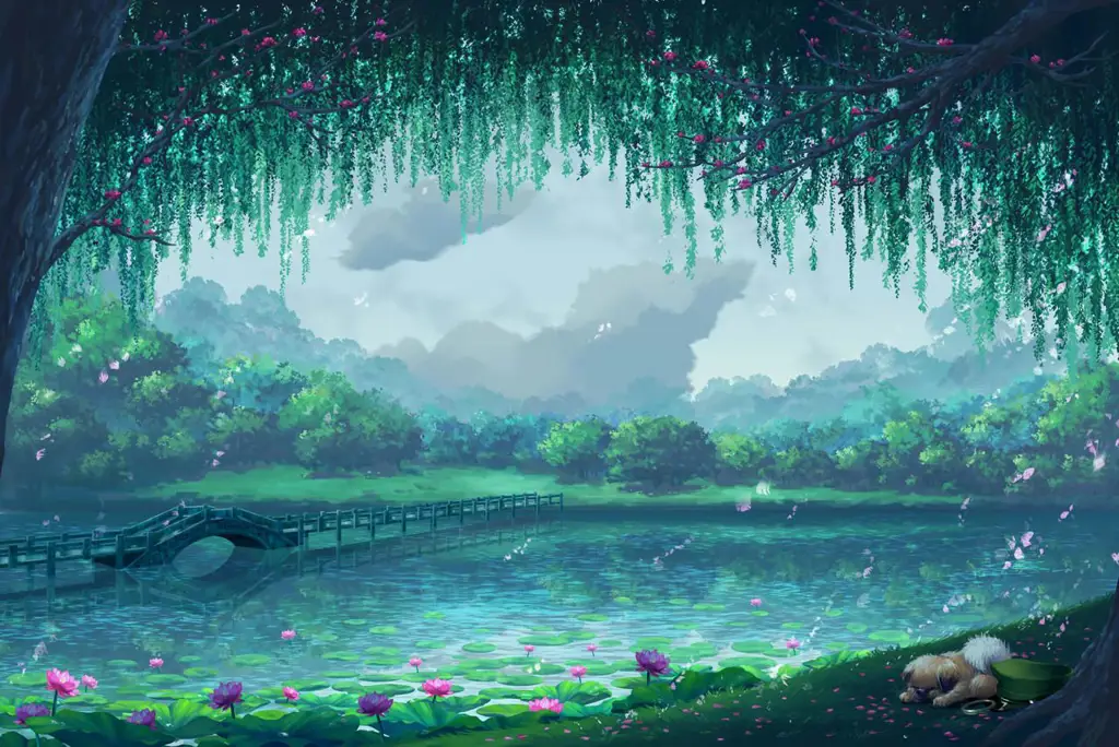 Wallpaper pemandangan hutan fantasi anime