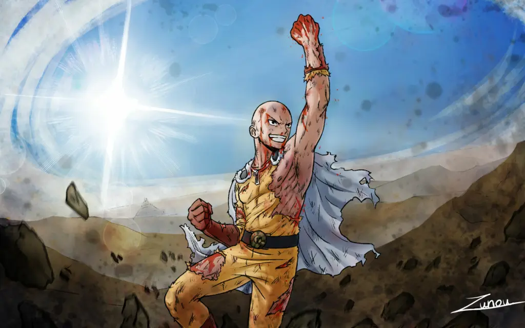 Wallpaper Saitama sedang bertarung dengan latar belakang yang epik