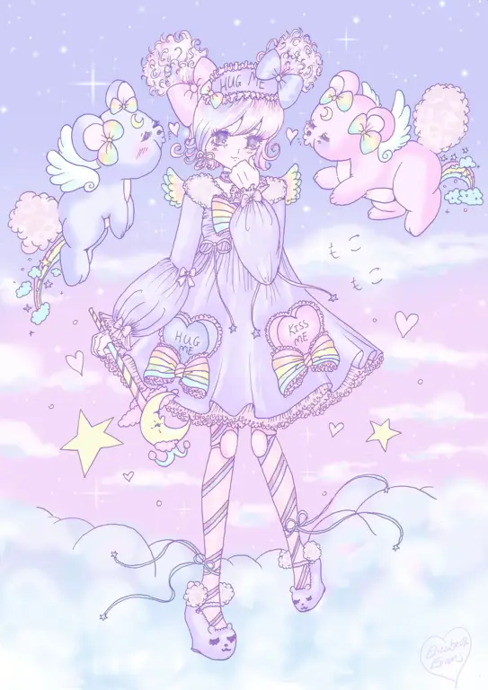 Ilustrasi anime kawaii cute girl dengan warna pastel