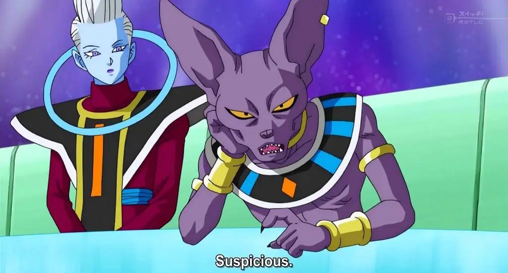 Whis dan Beerus dalam adegan di Dragon Ball Super episode 1