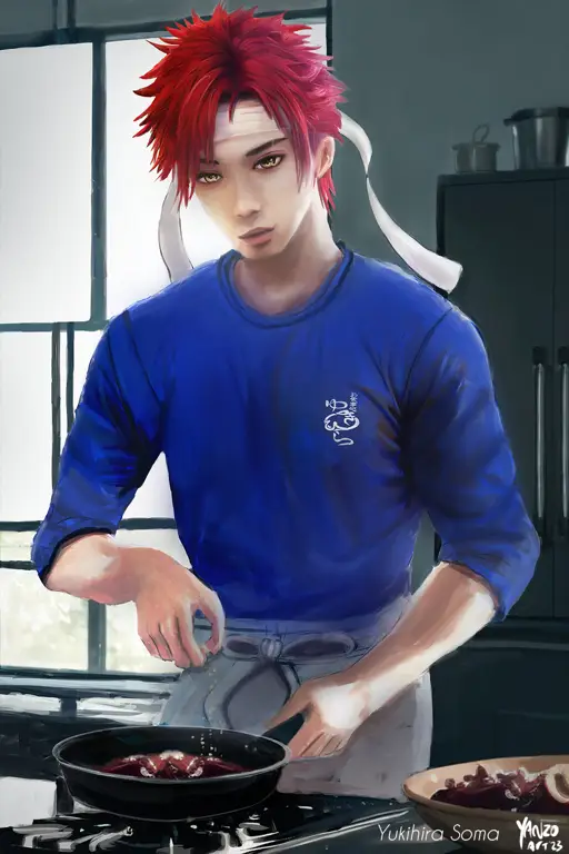 Gambar Yukihira Soma sedang memasak