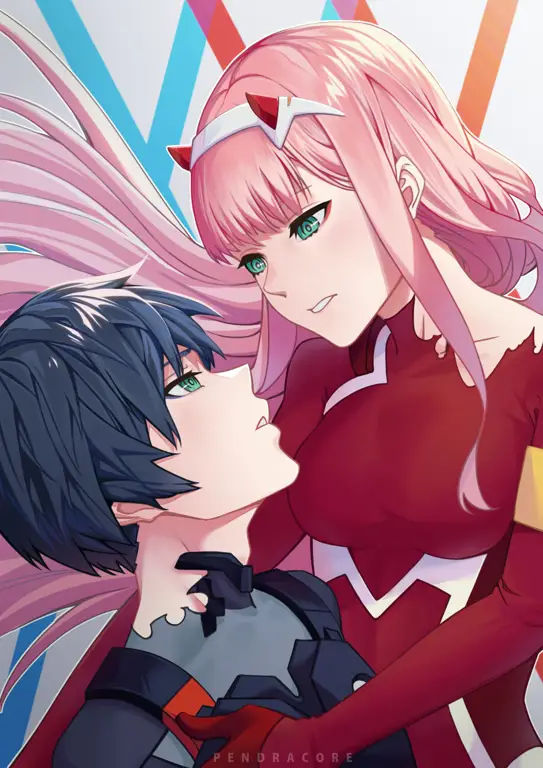 Gambar Zero Two dan Hiro sedang beraksi di dalam Franxx