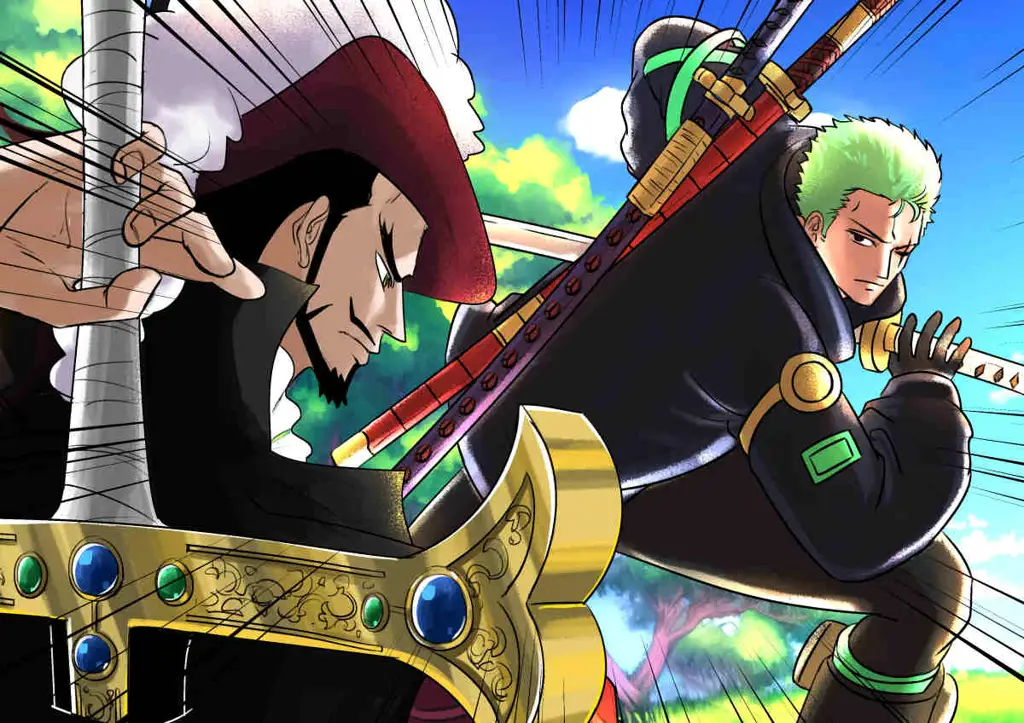 Gambar Zoro berlatih dengan Mihawk