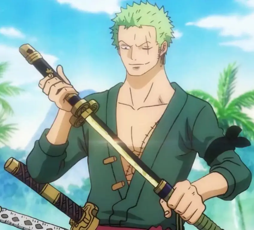 Gambar Zoro menggunakan pedang Enma dalam animasi One Piece