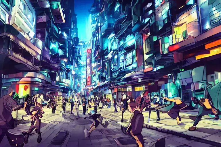 Kota futuristik dalam setting game anime FPS